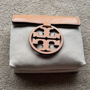 Tory Burch Canvas & Leather Crossbody Bag Tan Beige Foldover